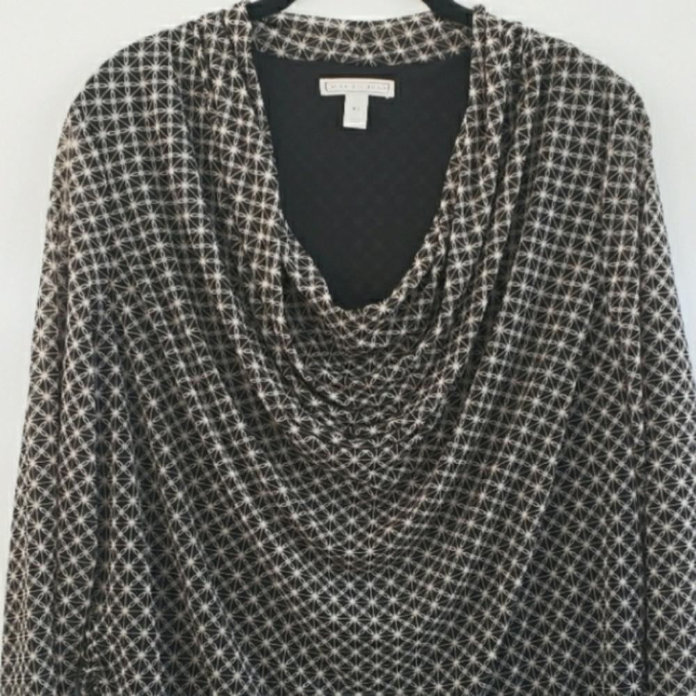 DANA BUCHMAN Draped Neck Black with White/Tan Accents Blouse Top Size XL